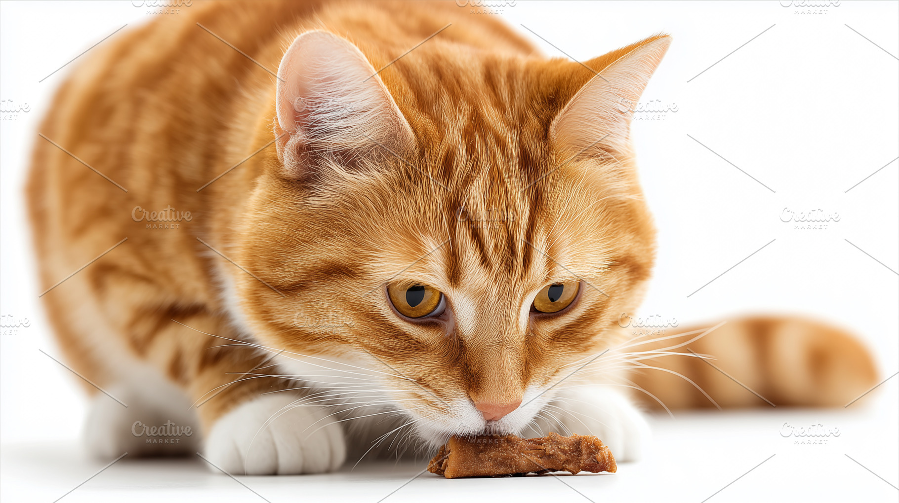 Ginger cat eats a piece of meat, an Animal Photo by MistyDay