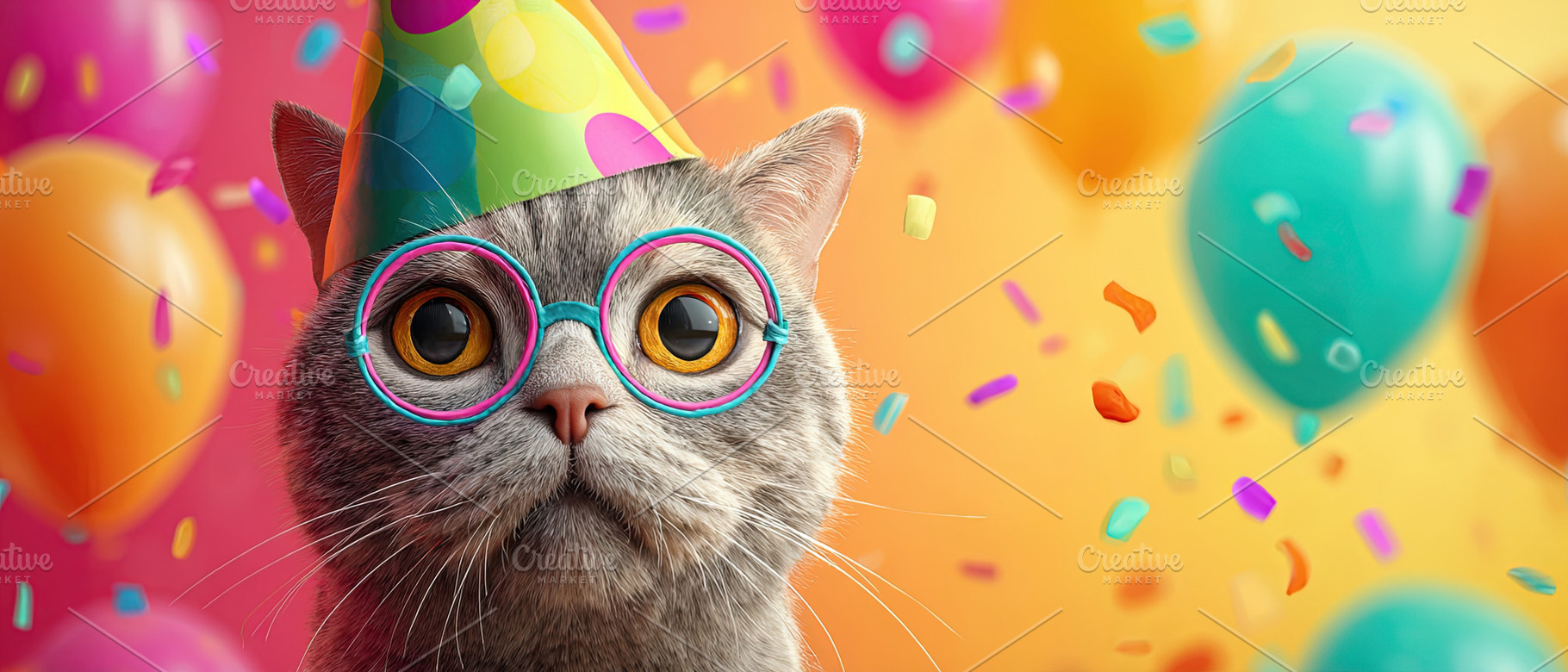 Cute gray cat wearing party hat and glasses, surrounded by color, an Animal Photo by Ales Munt