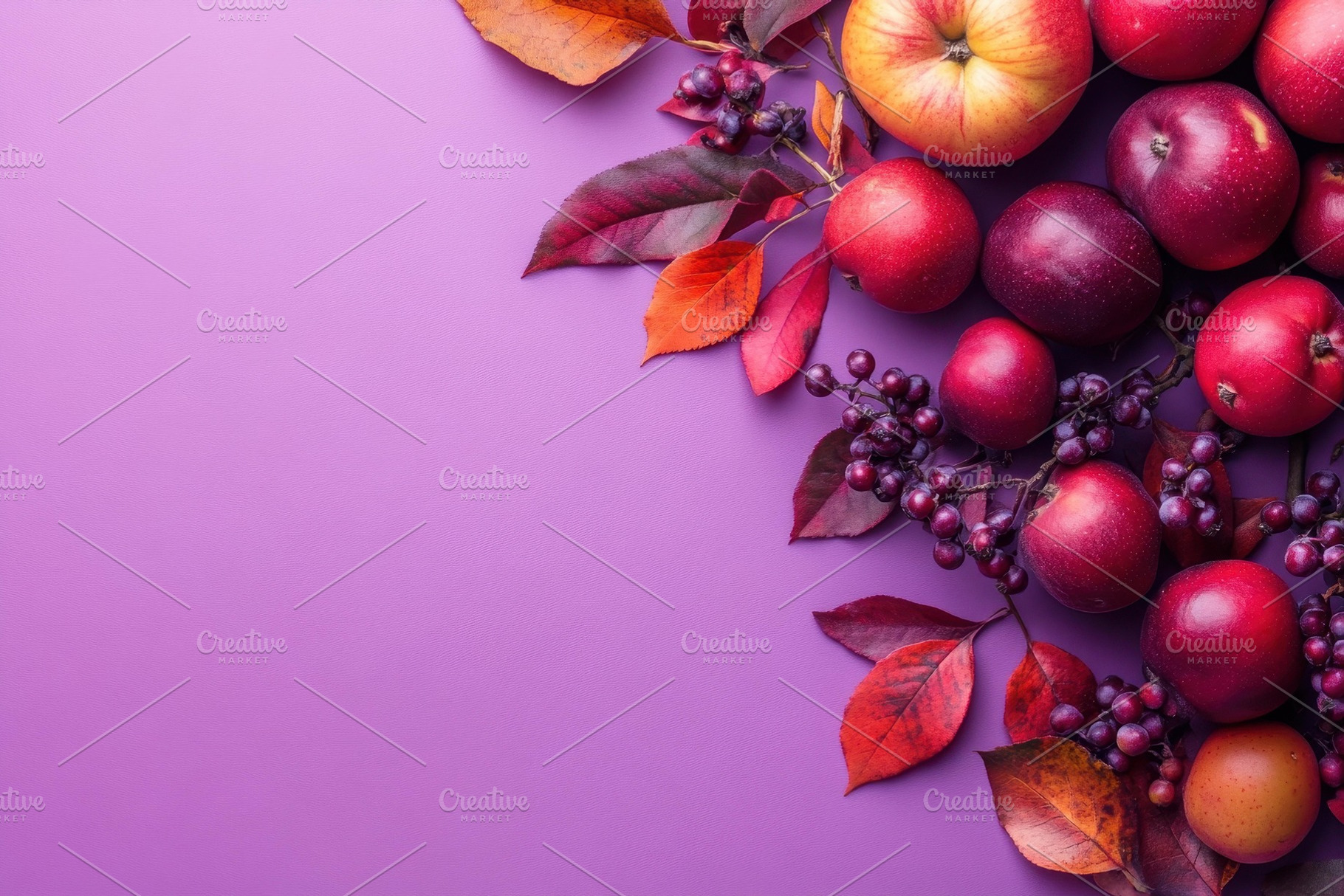 Fresh autumn fruits and vibrant leav, a Photo by Tanuart