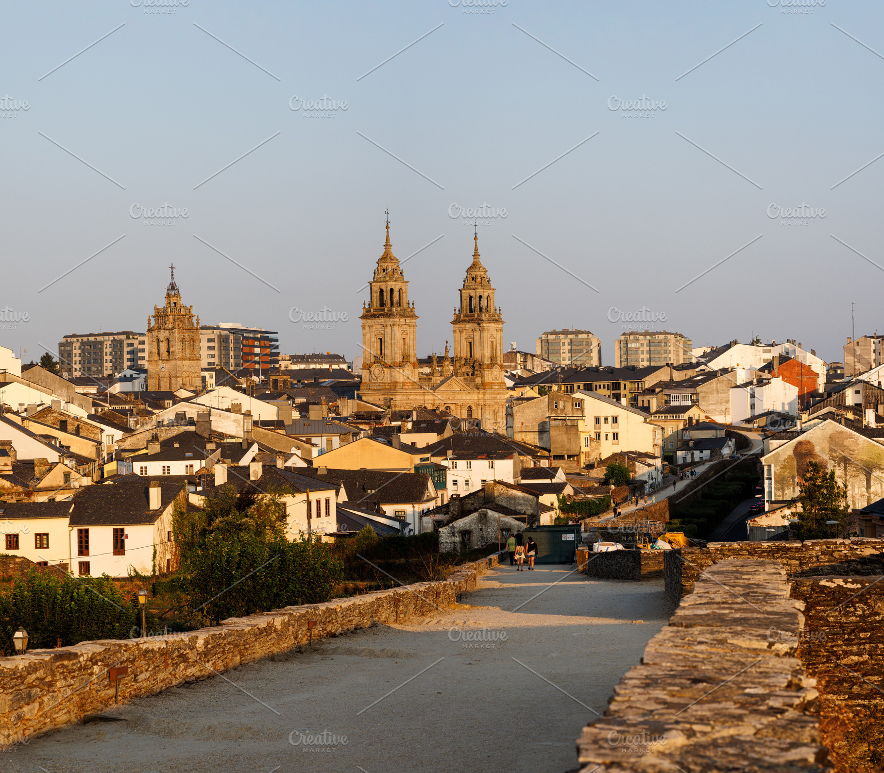 Historic Cityscape with Cathedral Towers and Roman Wall, Lugo, S, an Architecture Photo by Bepslabor
