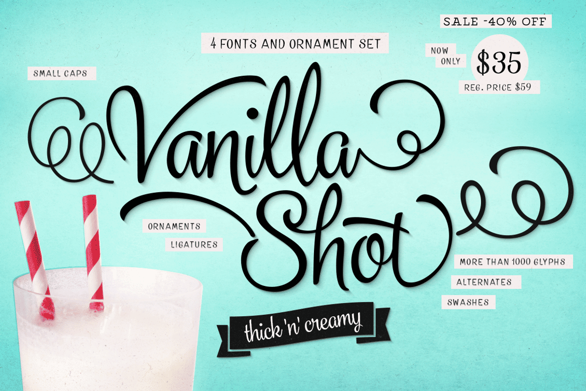 Vanilla Shot (40% off!), a Script Font by Fenotype (Photo 1 of 7)