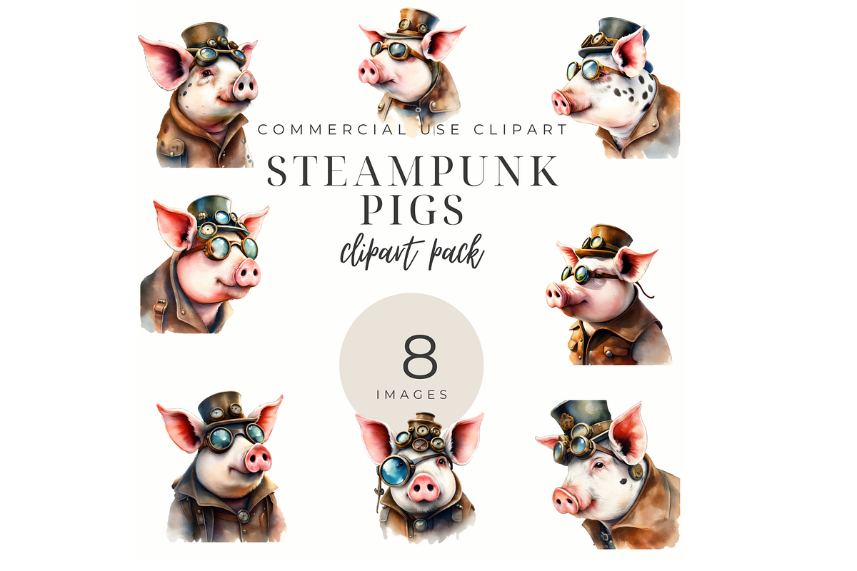 8 Digital Steampunk Pigs, a Graphic by Deborah Annes Digitals