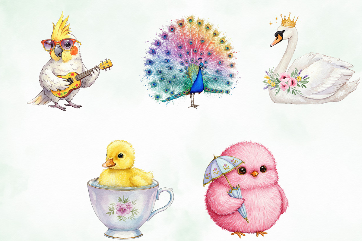 Watercolor Cute Whimsical Birds Png, an Illustration by Creative Art (Photo 3 of 9)