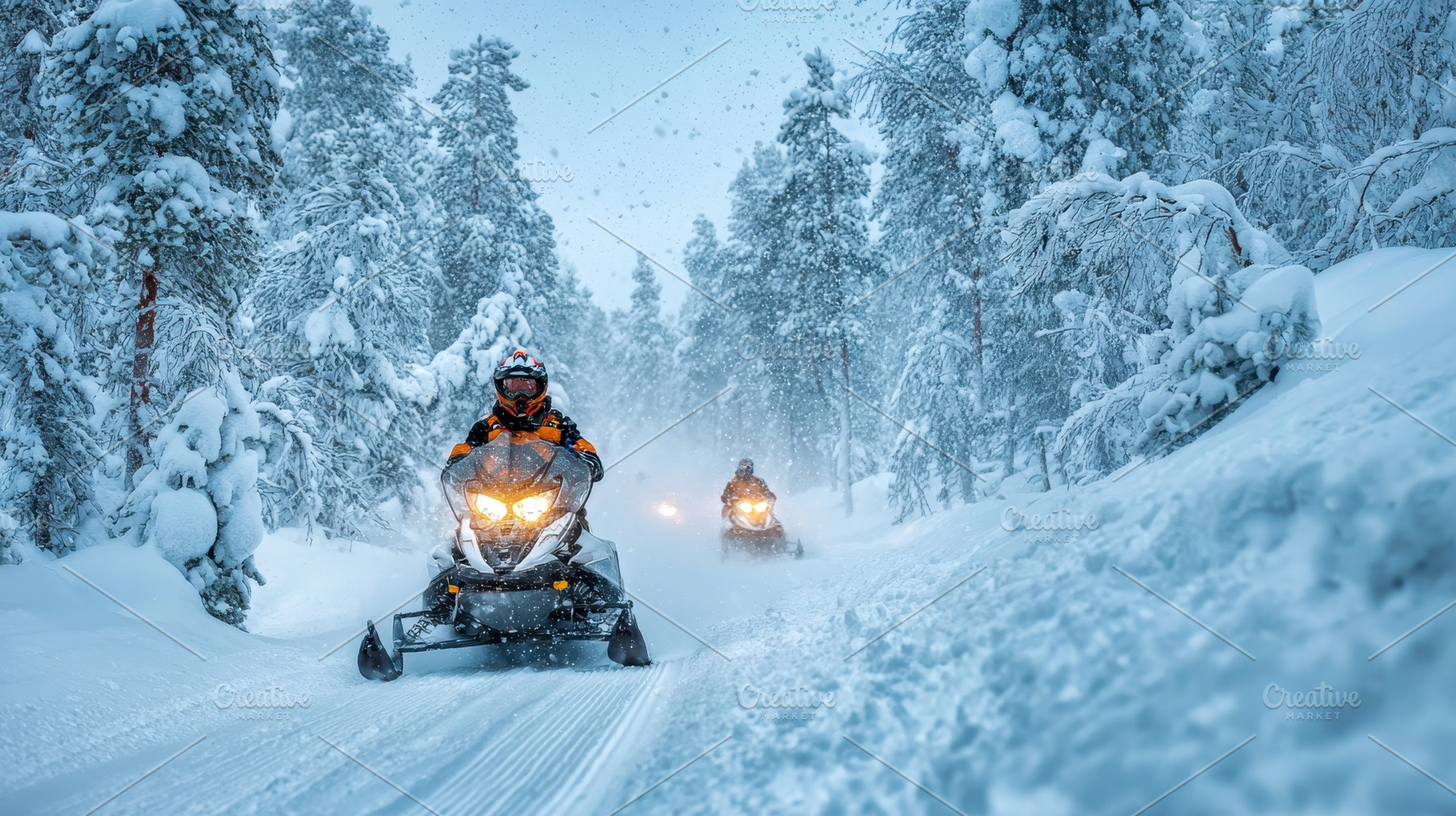 Snowmobile adventure through snowy f, a Photo by Pixeness Studio