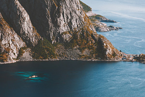 Lofoten islands in Norway landscape aerial view travel drone rocks and fjord sc