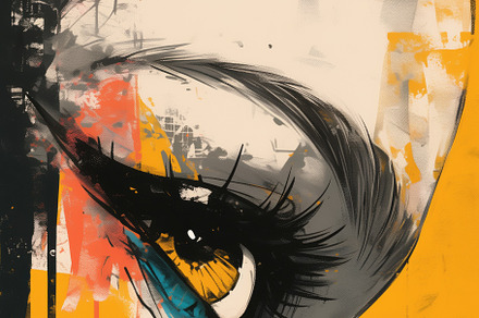 A close-up of a stylized female face with vibrant colors. The eye is striking w, a Wallpaper Graphic by Textures & Backgrounds