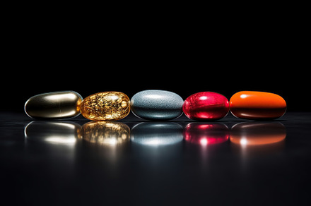 Illustration of different medicine pills on black background, a Health & Medical Photo by AlyaAnd