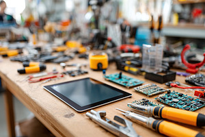 Student-built environmental sensor on workbench with various tools and componen, a Technology Photo by AlyaAnd