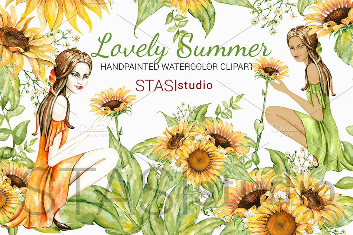 Watercolor Sunflower Girl Clipart, a Decorative Illustration by STASIstudio (Photo 1 of 3)