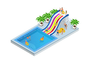 Isometric Aqua Park With Water Slides, Water Pool, People Or Visitors And Palms. Vector Illustration Isolated On White Background