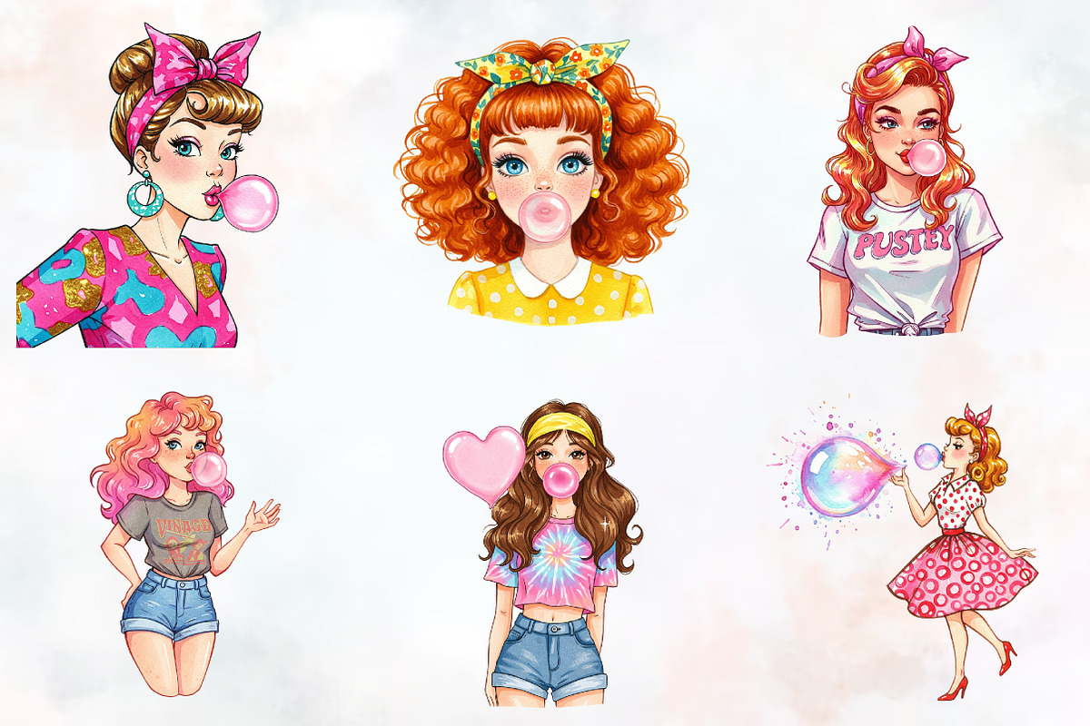 Retro Girl Blowing a Bubblegum Png, an Illustration by RobertsArt (Photo 5 of 7)