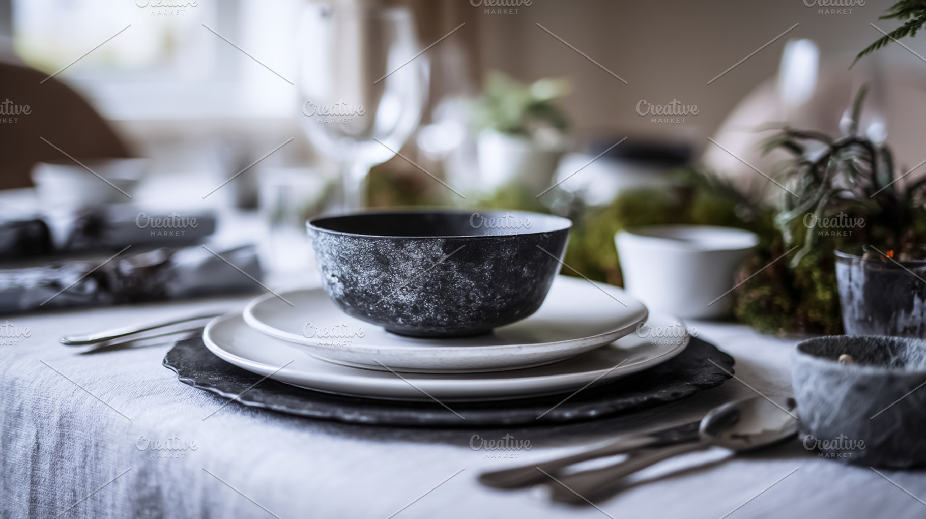 Dining table set with rustic stoneware dinnerware, featuring a d, a Photo by Studio ANNA