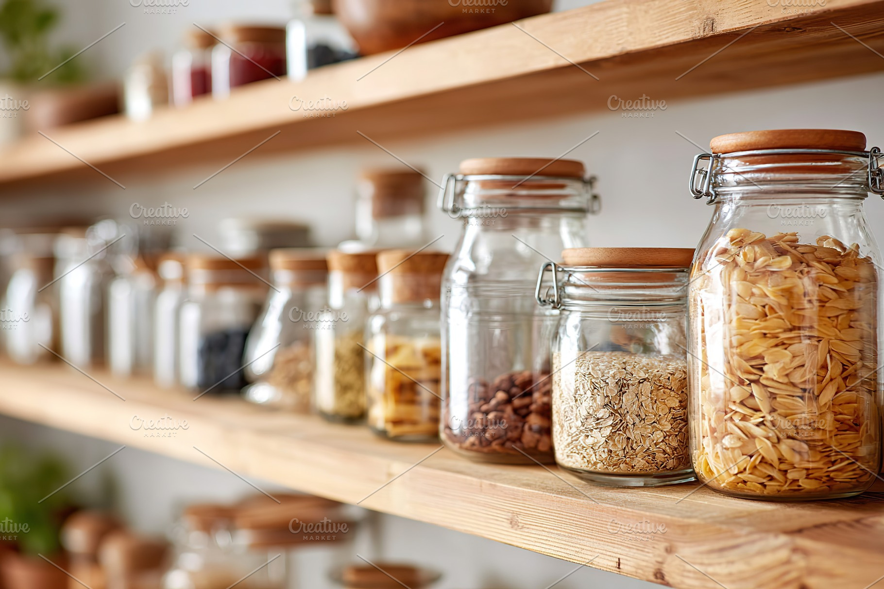 Open shelves display jars filled with grains and snacks in a zero waste kitchen, a Food & Drink Photo by AlyaAnd