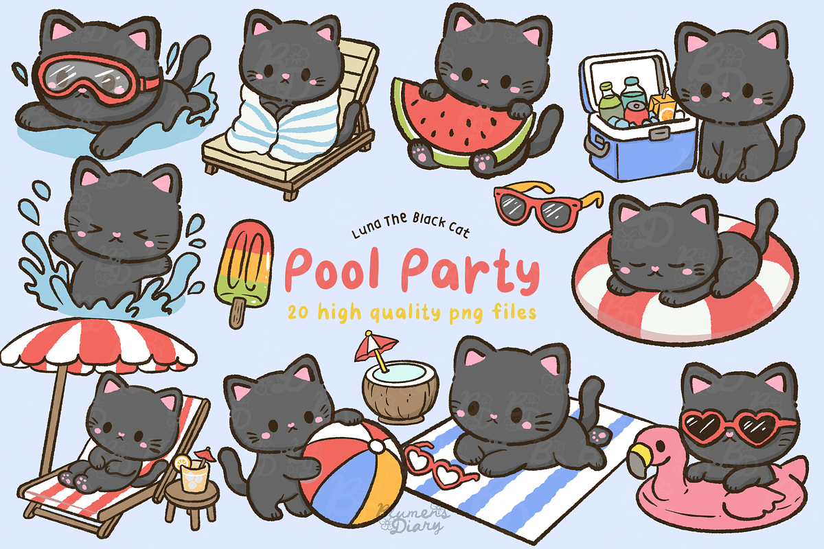 Pool Party Black Cat Clipart, an Animal Illustration by Blumensdiary (Photo 1 of 6)