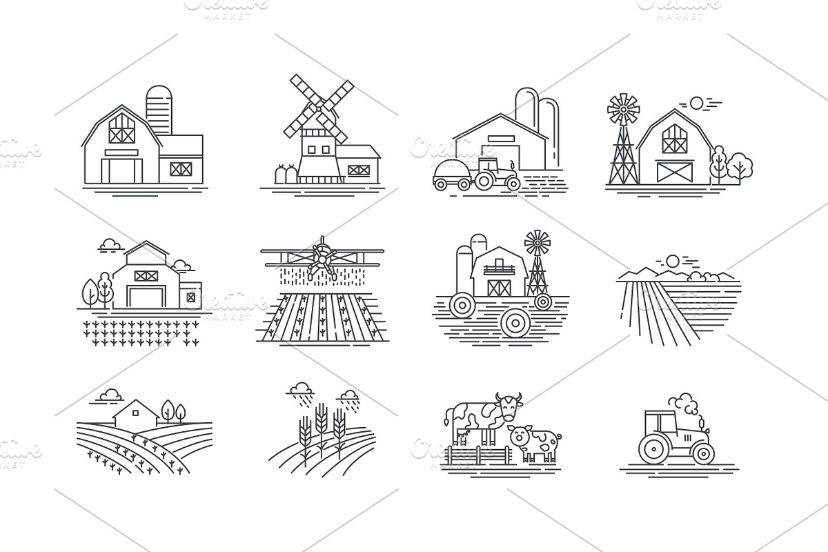 Farm icons and farming fields, an Outline Icon by Bezvershenko (Photo 5 of 8)