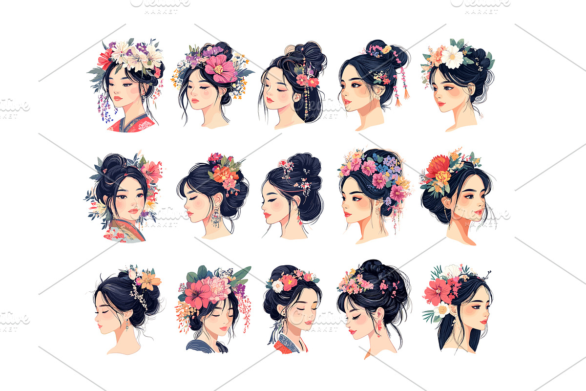 Asian woman avatars floral hair, an Object Illustration by Onyx
