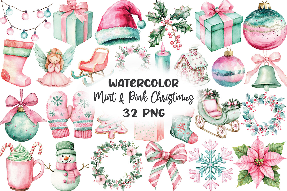 Mint & Pink Christmas Clipart, an Illustration by CraftArtStudio (Photo 1 of 6)