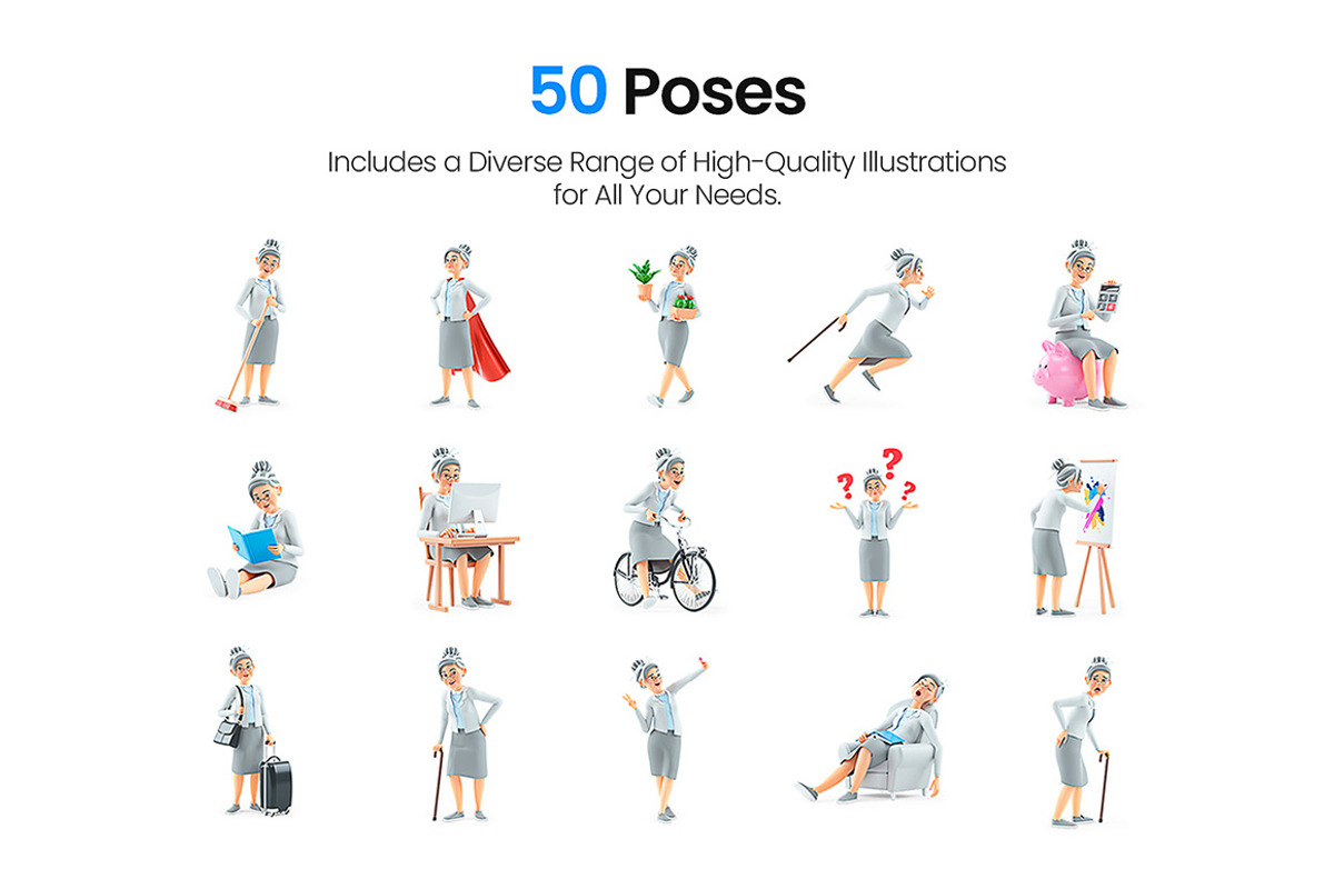 Cartoon Granny – Set of 50 Poses, a Person Illustration by 3DMask (Photo 3 of 6)