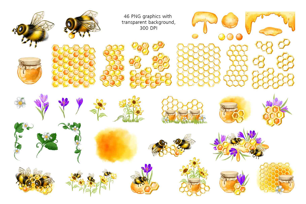 Honey Bee & Wildflowers graphics set, an Illustration by PinskaDrawCute (Photo 2 of 14)