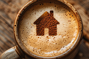 Coffee foam in the shape of a home, a Food & Drink Photo by Handmadefont