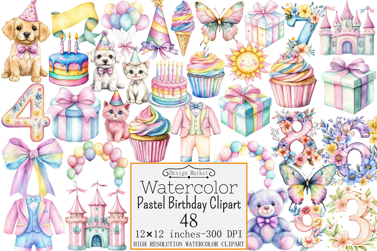 Watercolor Pastel Birthday Clipart, a Seasonal Illustration by Design Market (Photo 1 of 5)
