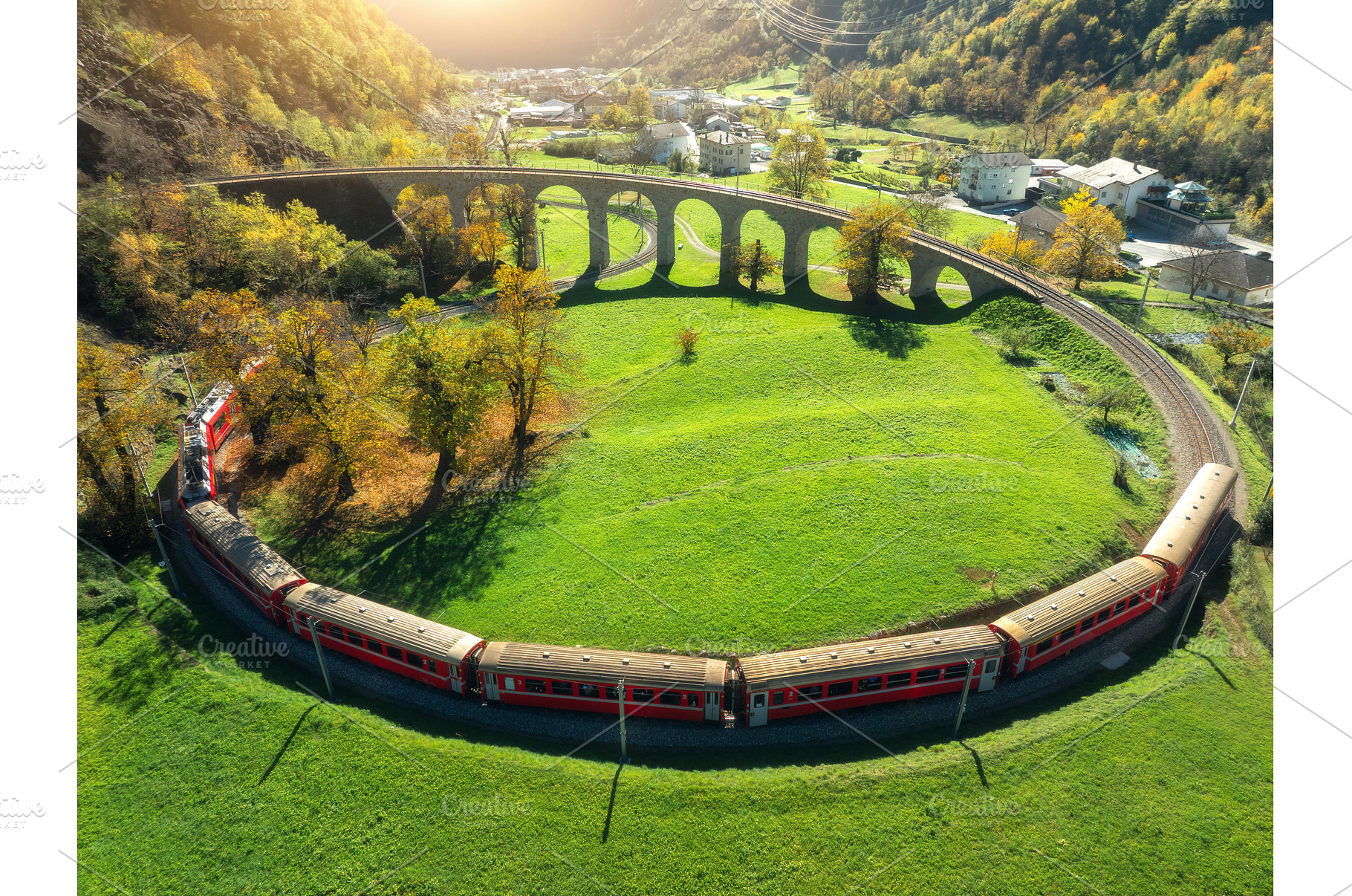 Aerial view of red train on, a Transportation Photo by den-belitsky