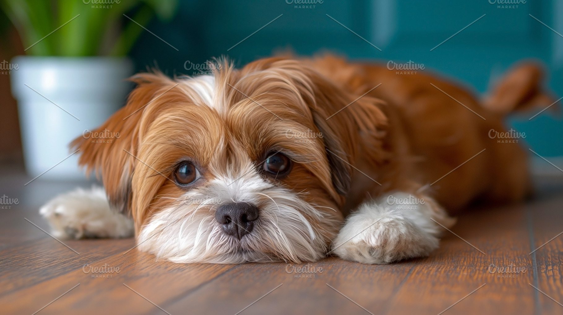 A cute, small brown and white dog resting on wooden floor, exuding a calm and c, an Animal Photo by ImageMir