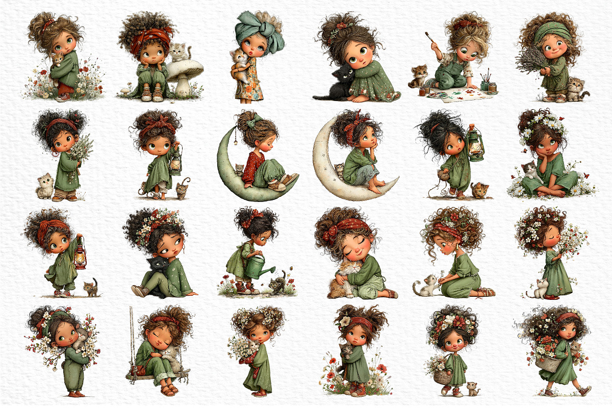 Whimsical Girl with Cat Clipart, a Seasonal Illustration by Craft Nest (Photo 6 of 6)