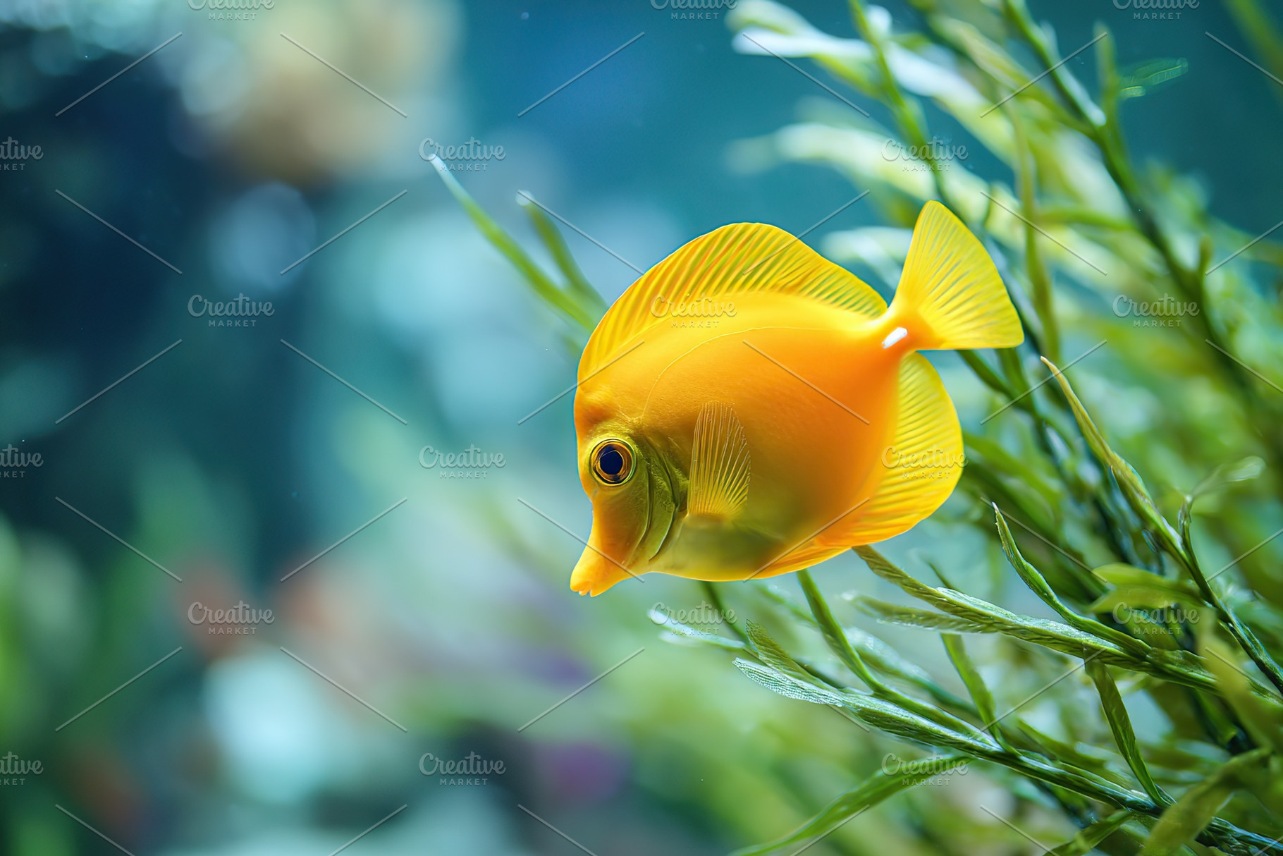 Bright yellow fish swims gracefully among aquatic plants in a tranquil underwat, a Photo by AlyaAnd