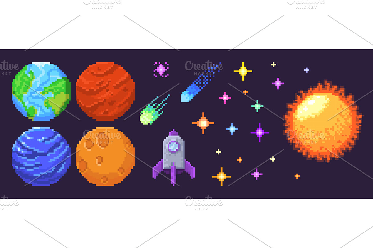 Pixel space game icons set isolated, an Object Illustration by art PVP - market