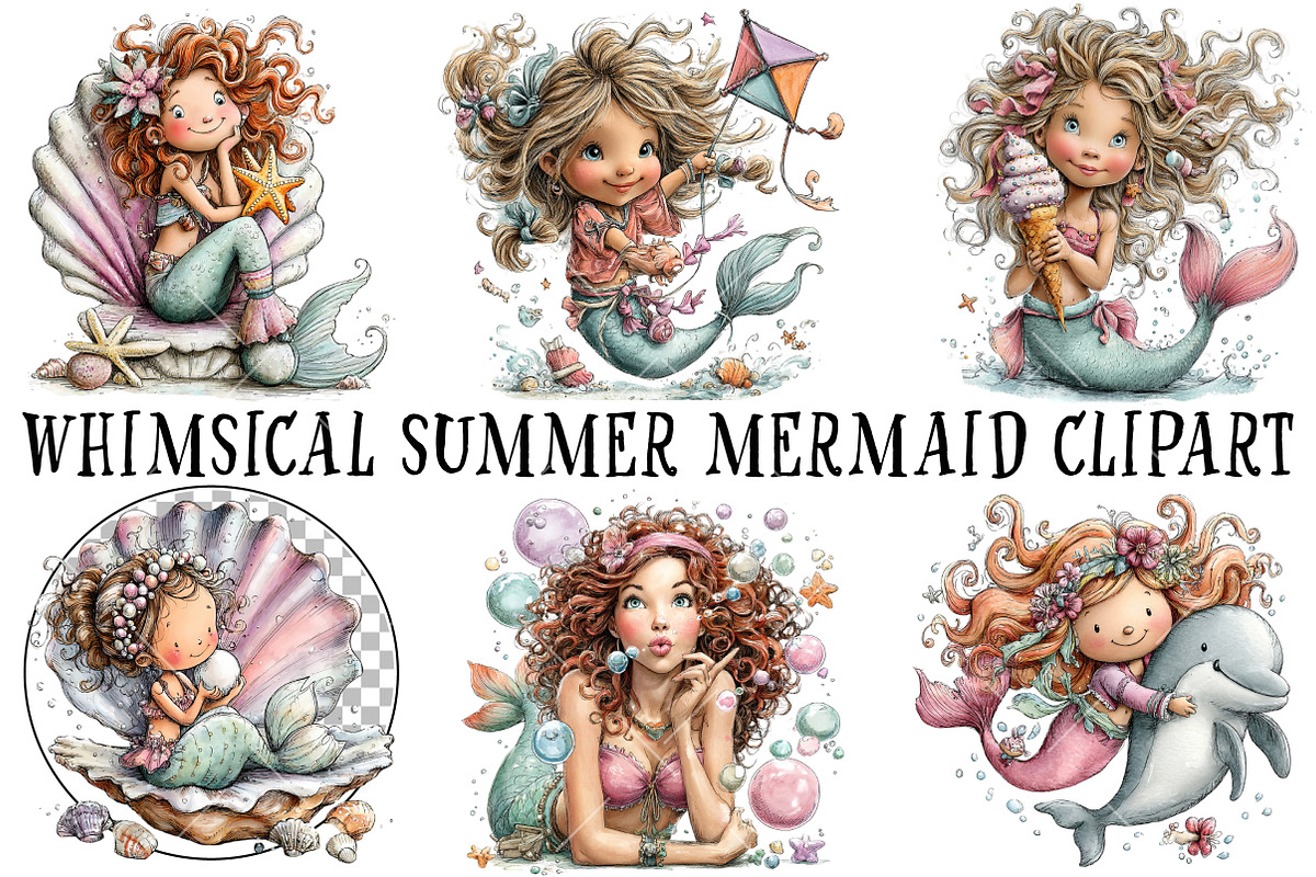 Whimsical Summer Mermaid Clipart, an Illustration by OK Design (Photo 2 of 6)