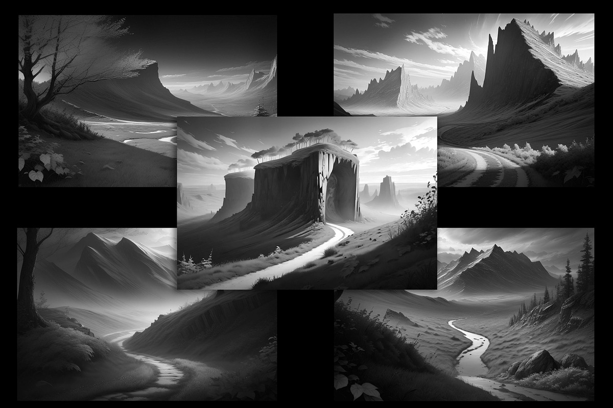 Greyscale Mountain Landscapes, a Decorative Illustration by Sapphire X Designs (Photo 2 of 3)