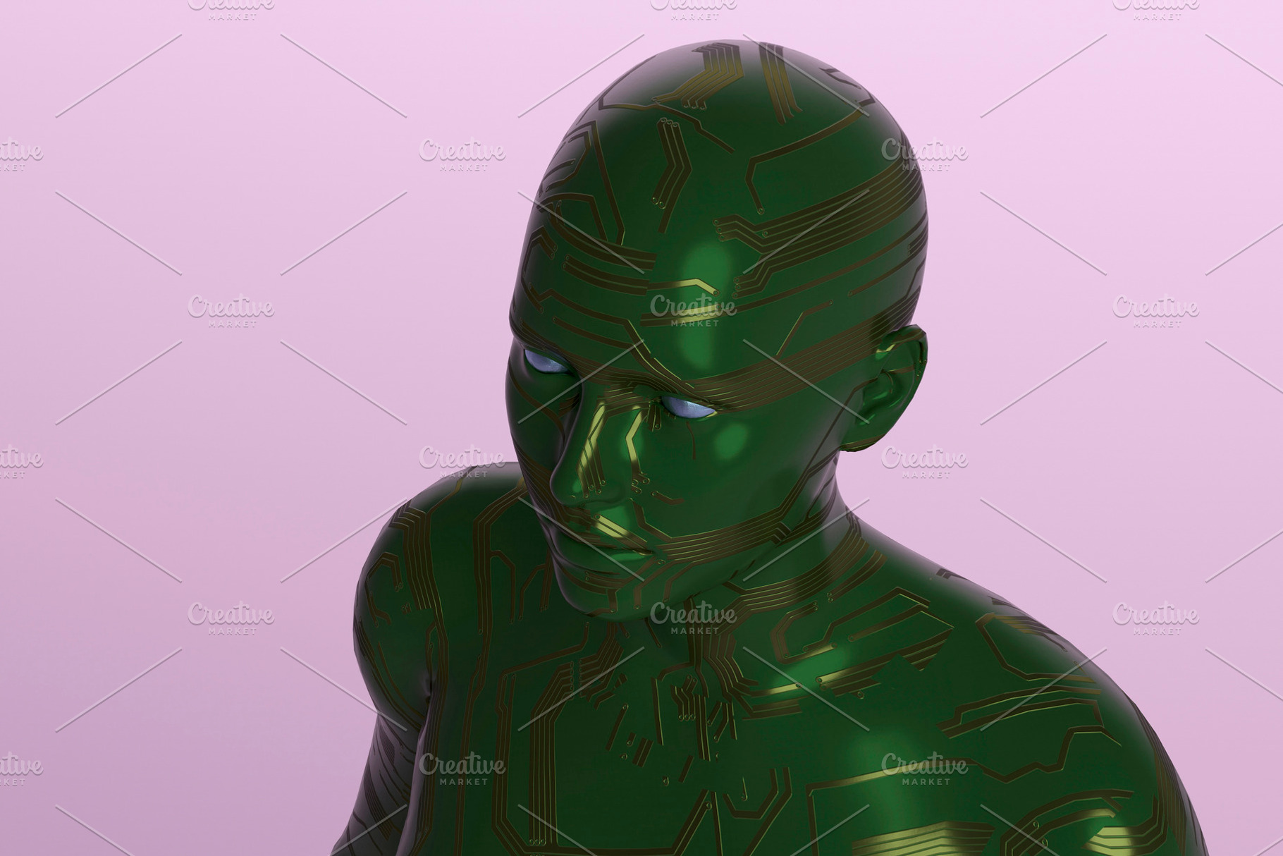 Green circuit humanoid portrait on purple background, a Technology Photo by RF Images