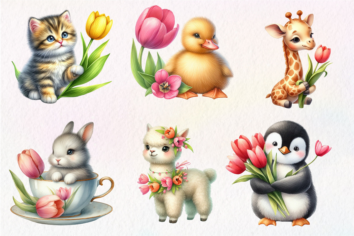 Cute Animals Tulip Flower Clipart, an Illustration by Dream Creation (Photo 3 of 7)