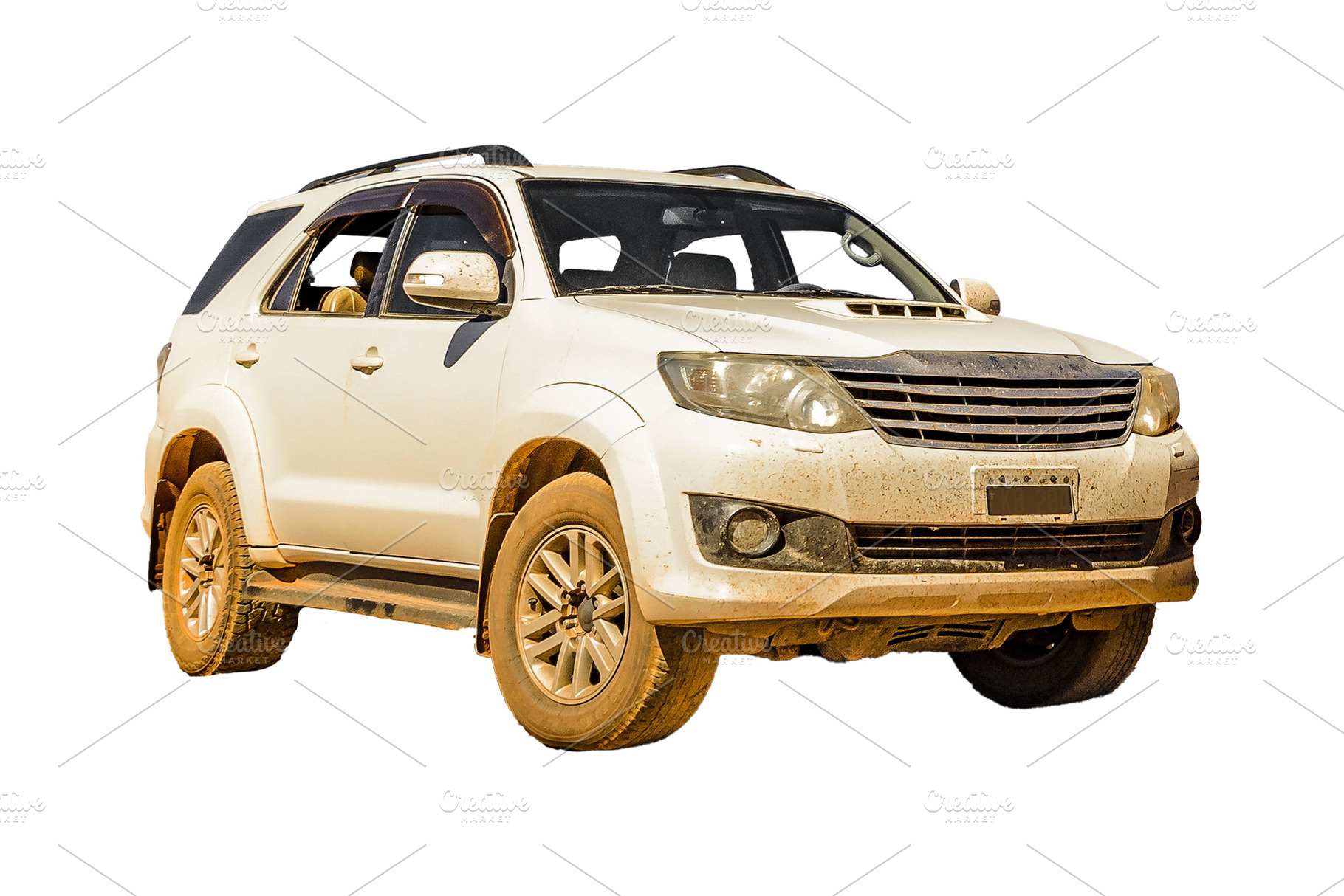 Isolated image of white suv with muddy exterior, a Transportation Photo by DanFLCreativo