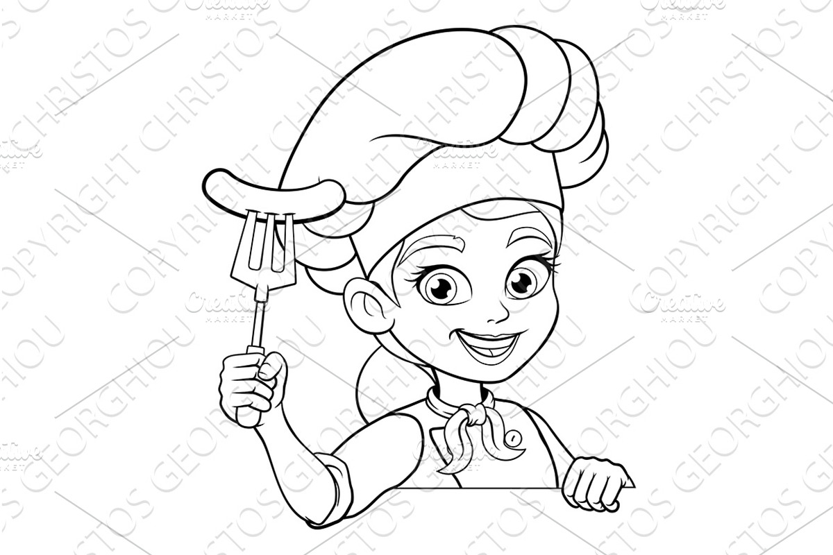 Black White Cartoon Woman Chef With, a Food Illustration by Christos Georghiou