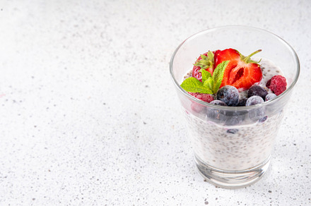 Chia seeds pudding dessert with fresh berries