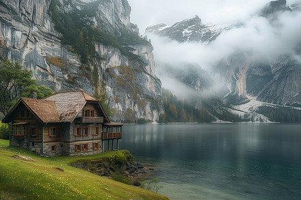 Wooden house and mountain lake, a Nature Photo by MistyDay