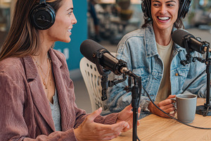 Two women podcasting in a modern off, a Photo by Pixeness Studio
