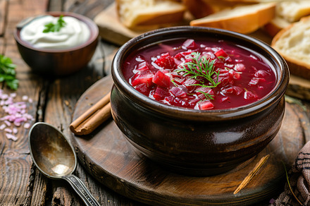 Bowl of beet root soup borsch on wooden table, a Food & Drink Photo by AlyaAnd