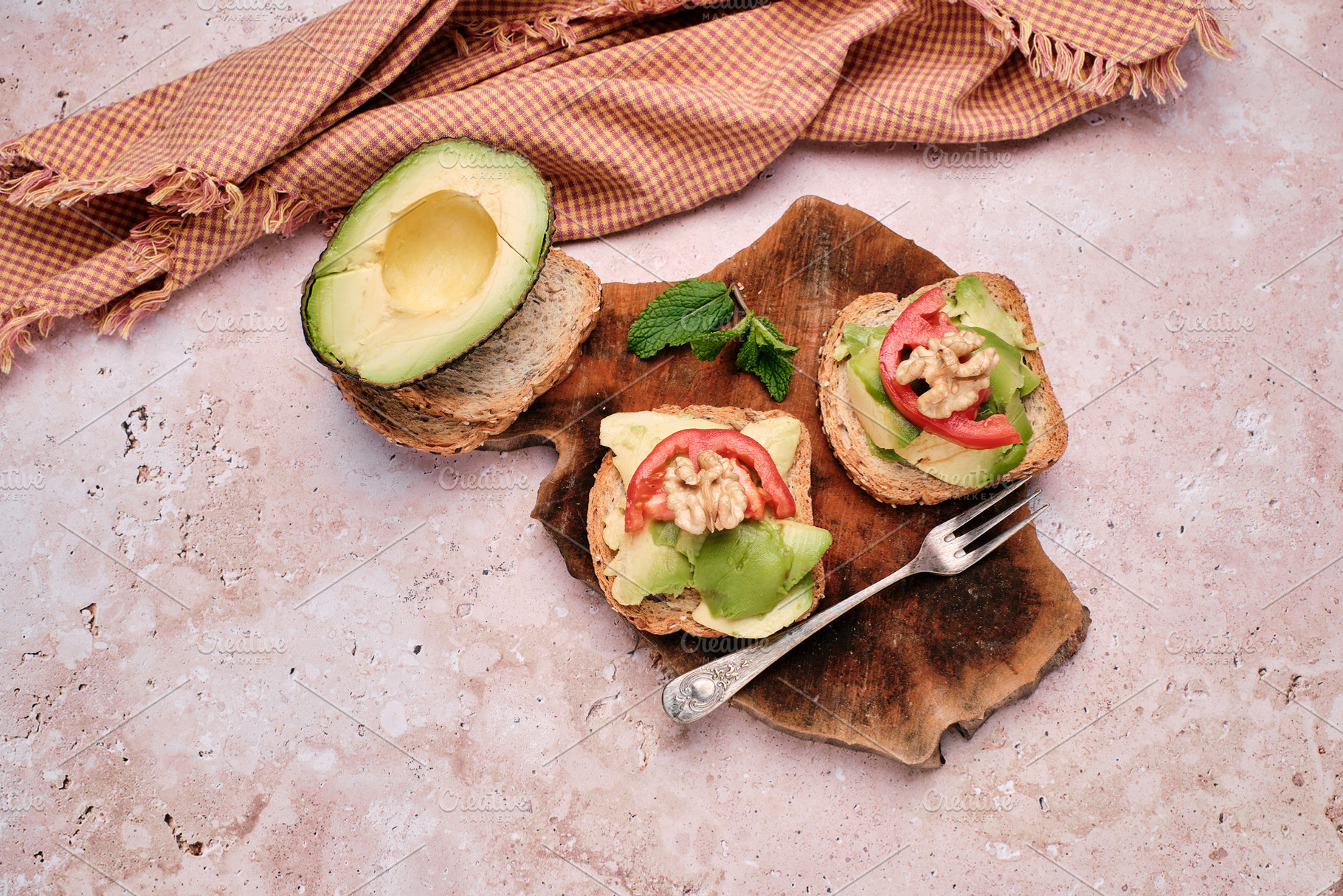 Toasted bread with avocado paste and, a Food & Drink Photo by alfernec