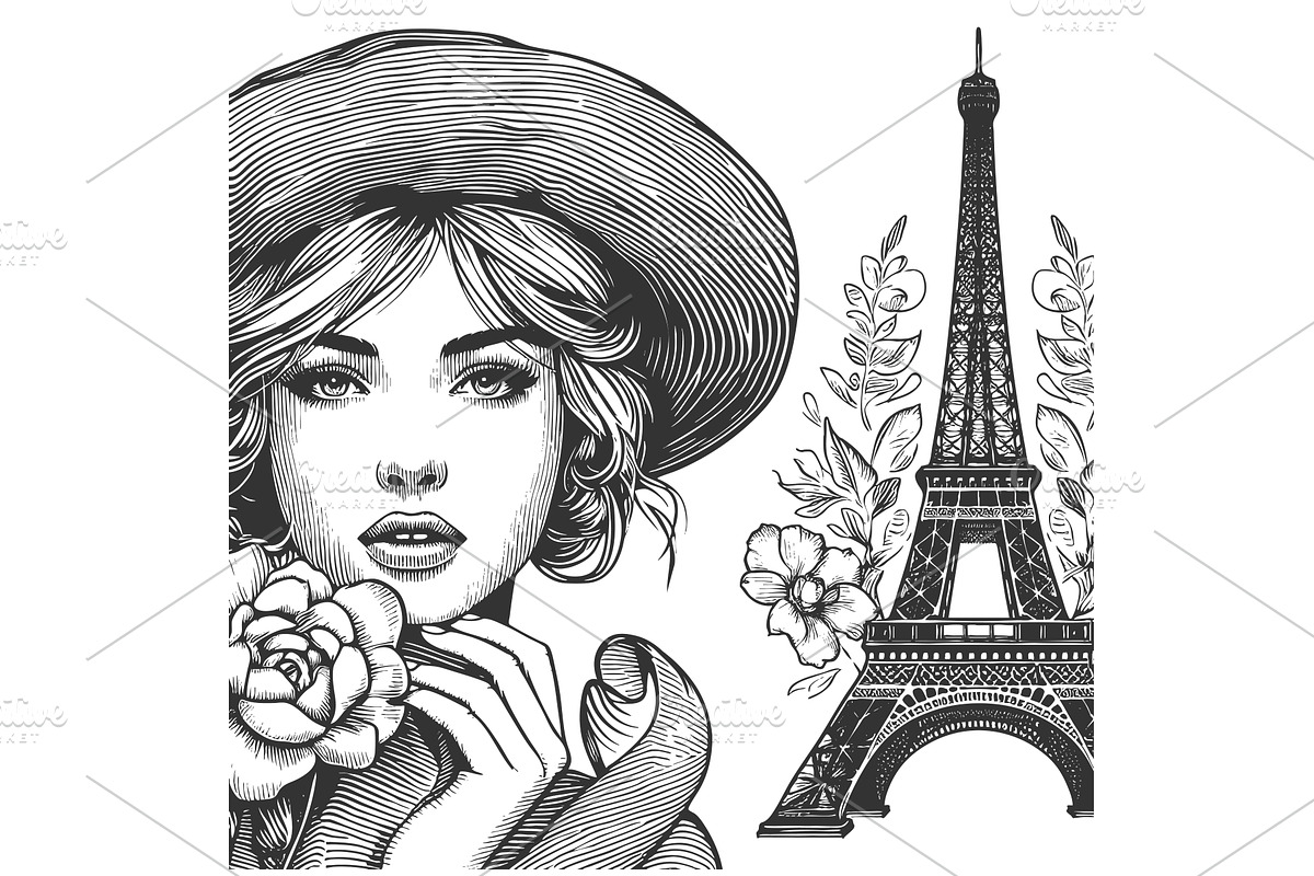 Woman in Hat with Eiffel Tower Paris, a Person Illustration by AlexArt