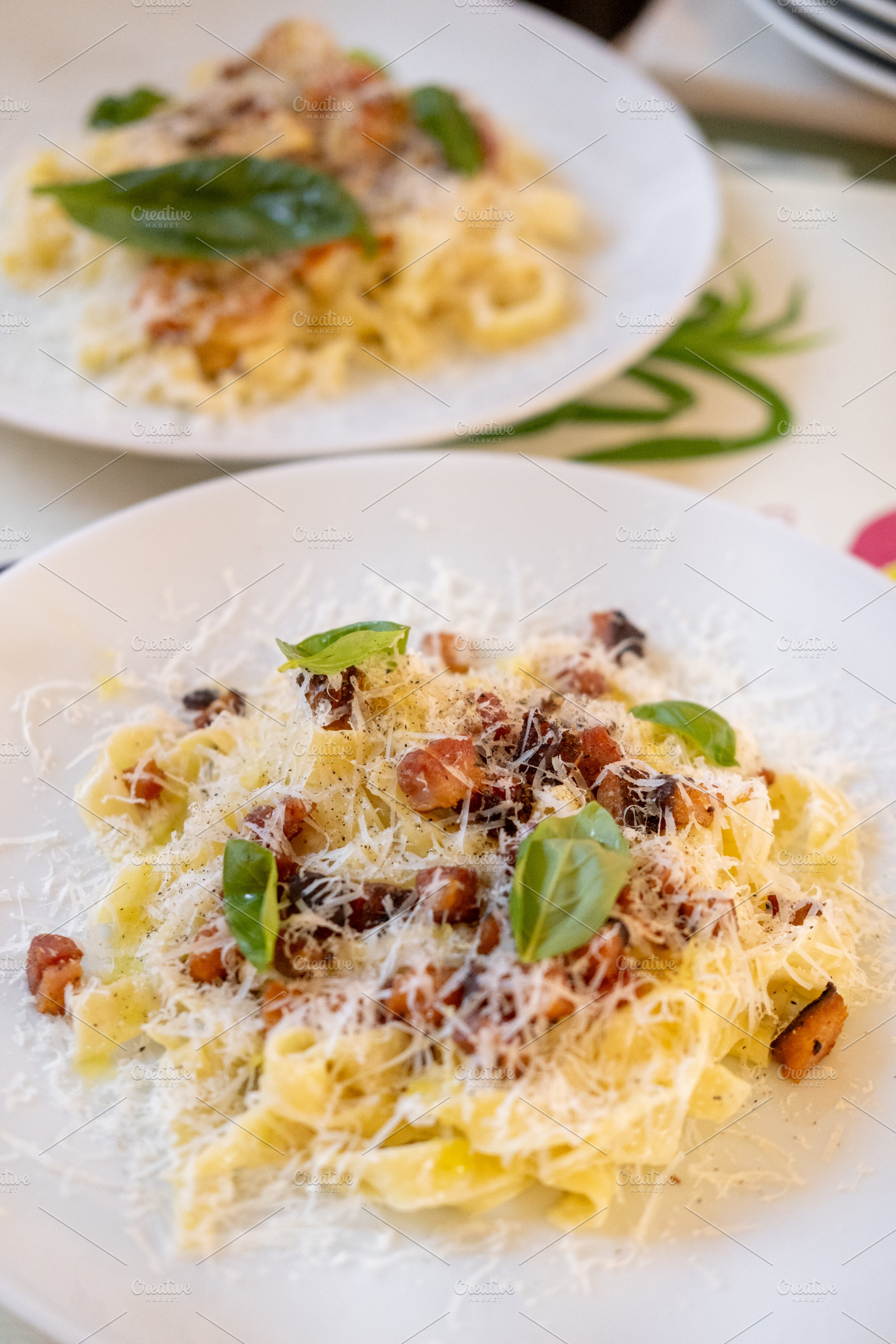 Spaghetti plate italian cuisine carbonara green, a Food & Drink Photo by Photo Drive Studio