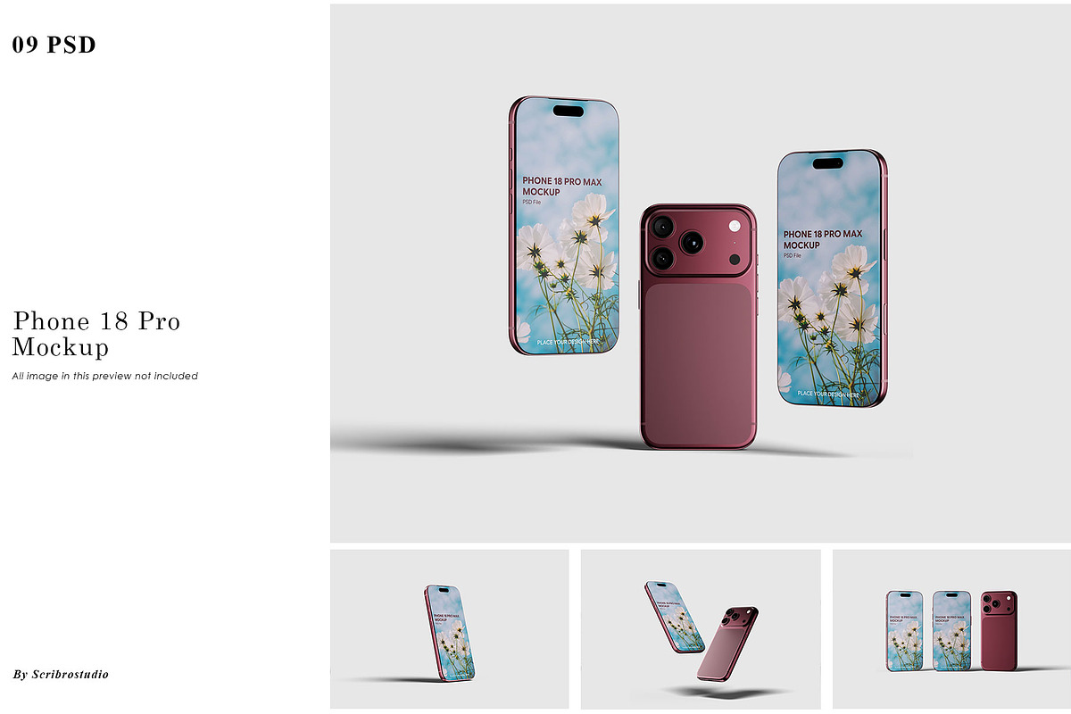 Phone 18 Pro Mockup, an iPhone Mockup by scribrostudio (Photo 1 of 10)
