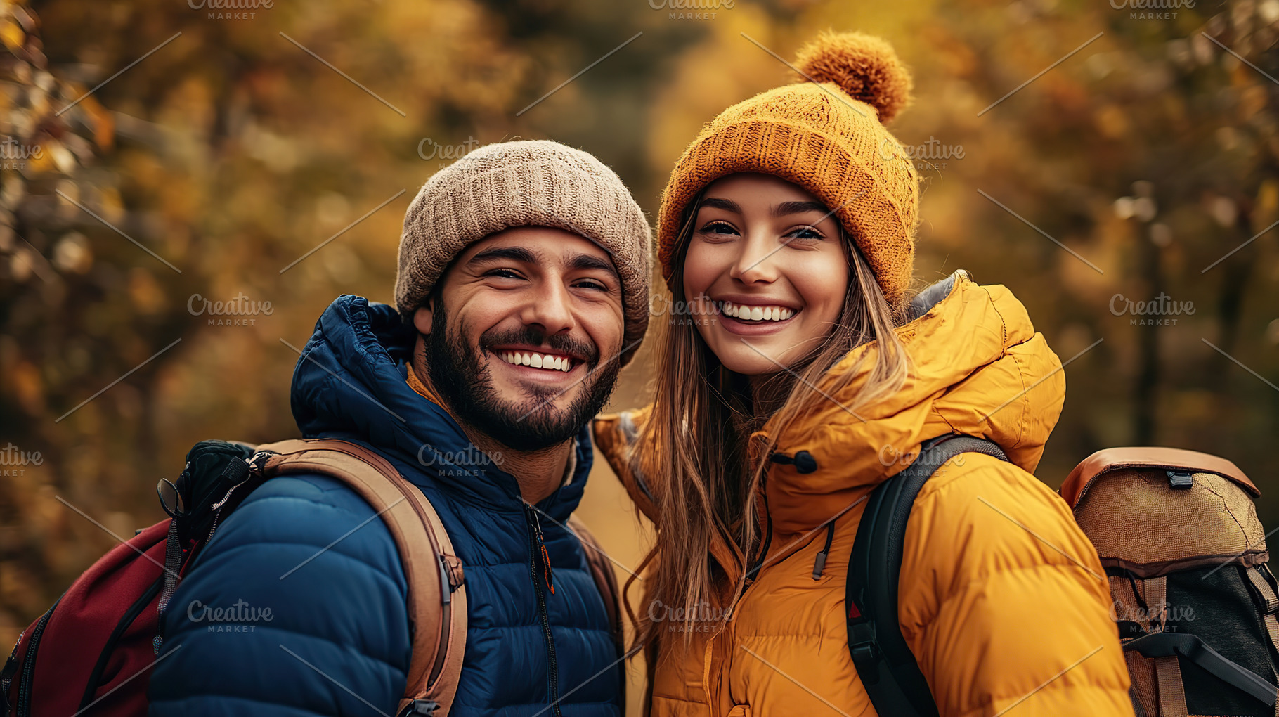 Beautiful young couple in a warm modern clothes in autumn park, a Person Photo by AlyaAnd