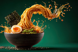 Delicious Ramen Noodles Splashing Bo, a Photo by Pixeness Studio