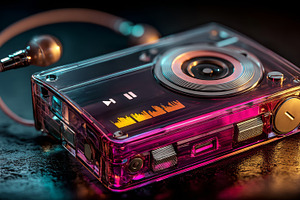 Retro transparent music player with neon pink cassette style design, earphones, a Photo by AS photostudio