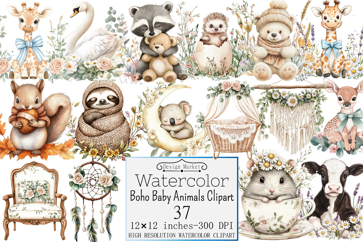 Boho Baby Animals Clipart, a Seasonal Illustration by Design Market (Photo 1 of 4)