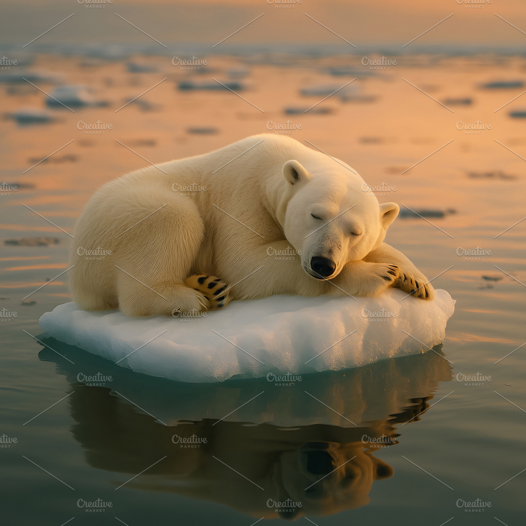 Polar bear sleeping on small floating ice block, an Animal Photo by GoodGoods