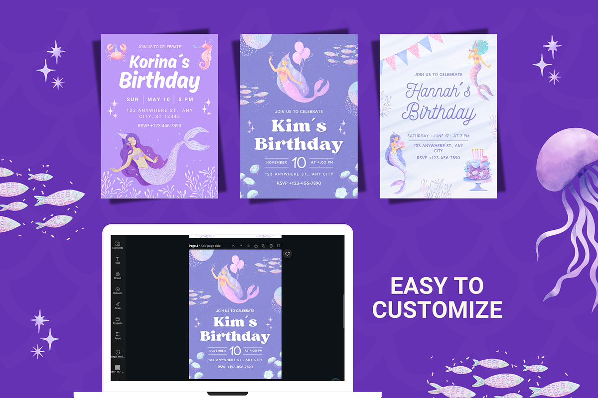 Mermaid Birthday Invitations, a Templates & Theme by TemplateCastleStore (Photo 3 of 9)